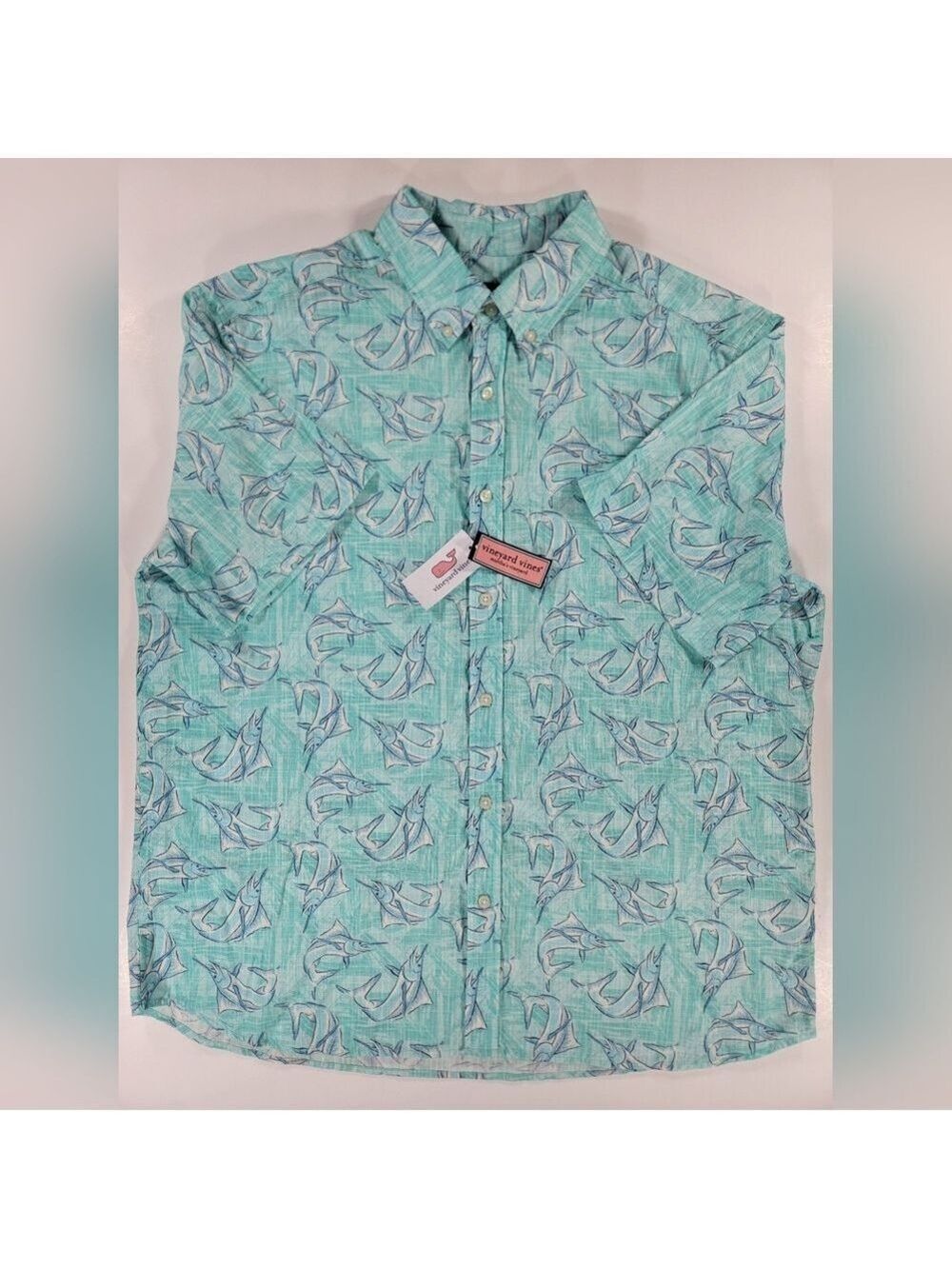 NEW Vineyard Vines Marlin Print Blue Mist Classic Fit Whale Button Shirt Mens XL